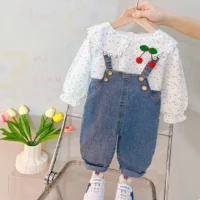 Lace Blouse Shirt With Denim Suspender Pants For Girls