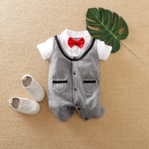 Gray Smart Romper with Red Bow Tie