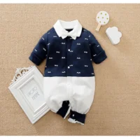 Blue And White Baby Romper With Bow Tie