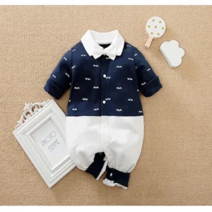 Blue And White Baby Romper With Bow Tie