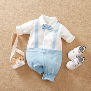 Light Blue And White Formal Cotton Baby Romper