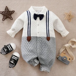 Gentleman Strap Style White And Gray Cotton Romper