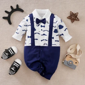 Mustache Pattern With Strap Full Sleeve Formal Baby Romper