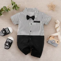 The Smart Black Liner Cotton Baby Romper With Bow Tie