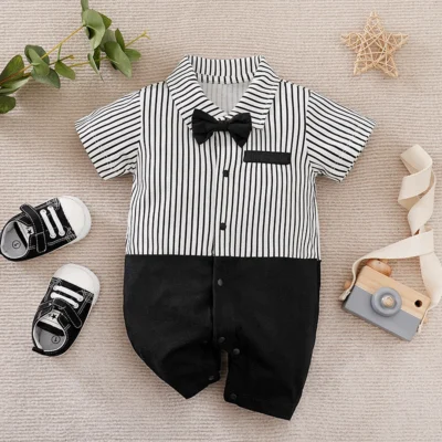 The Smart Black Liner Cotton Baby Romper With Bow Tie