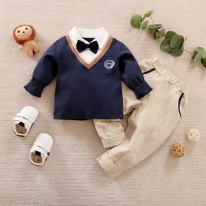 University Style Baby Kids Shirt And Pant With Bow Tie